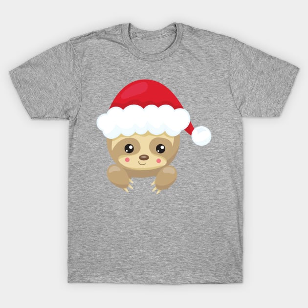 Christmas Sloth, Cute Sloth, Santa Hat, Xmas T-Shirt by Jelena Dunčević